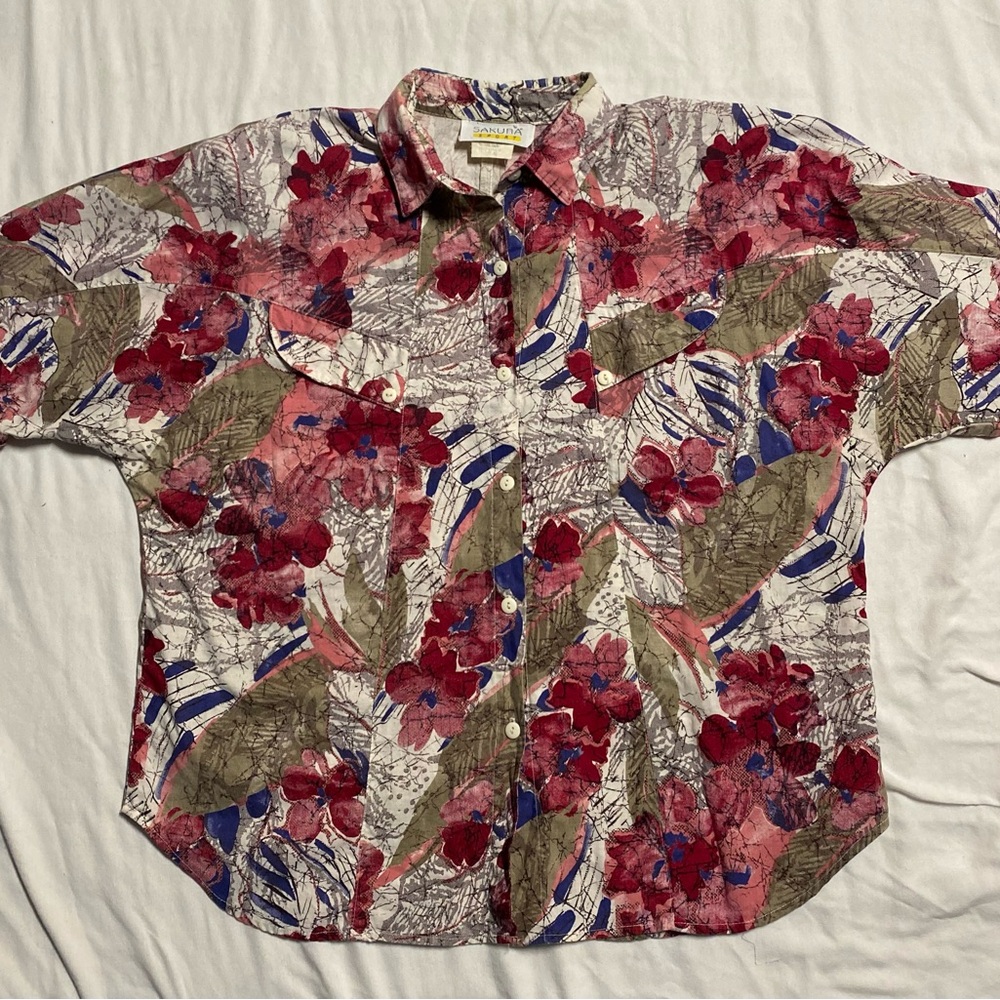 Sakura Vintage Hawaiian Style Shirt Size M 100% Cotton